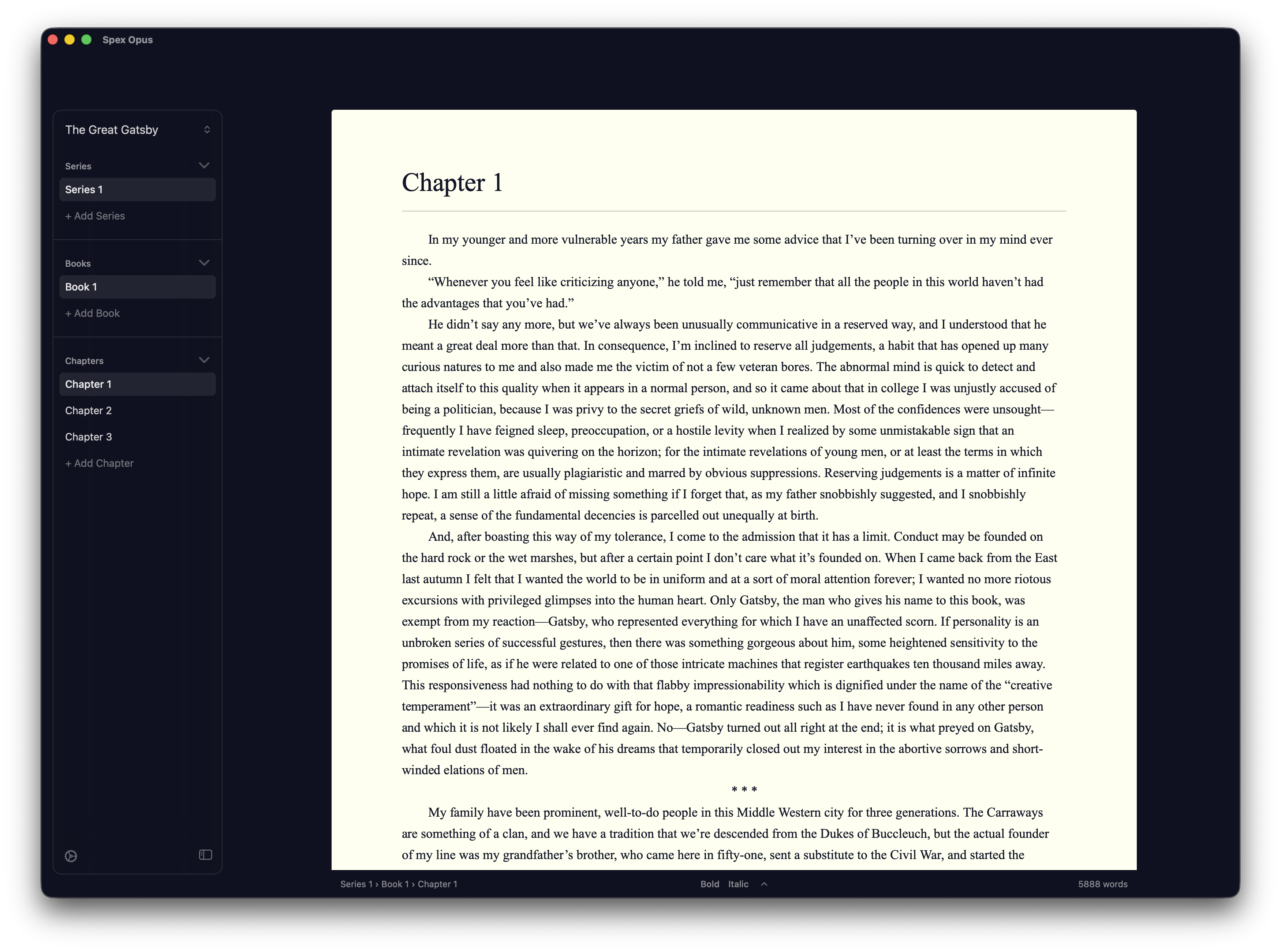 Spex Opus editor showing a chapter from The Great Gatsby with sidebar navigation